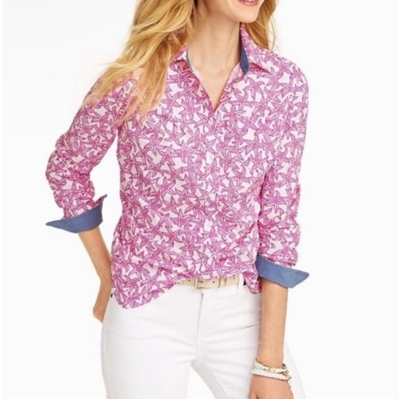 Talbots Pink and White Starfish Button Down Shirt Beach Resortwear Preppy - Picture 11 of 11